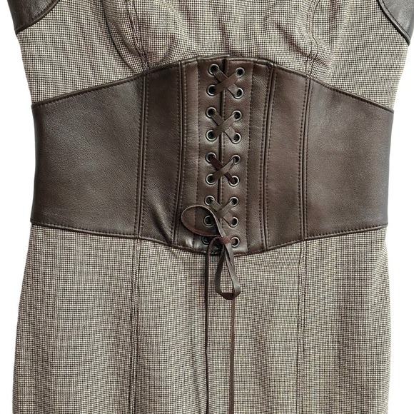 BEBE VINTAGE CORSETED LEATHER TWEED PENCIL DRESS SIZE 4 - Picture 7 of 16